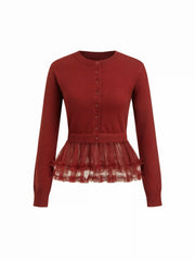 Knit Round Neckline Patched Layered Peplum Hem Long Sleeve Top