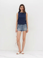 Linen-blend Boat Neck Tie Side Knotted Split Tank Top