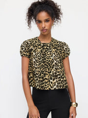 Leopard Peter Pan Collar Puff Short Sleeve Button Blouse