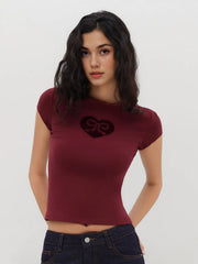 Cotton-blend Bowknot Heart Lace Trim Ruched Tee