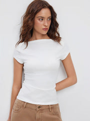 Cotton-blend Boat Neck Short Sleeve Tee