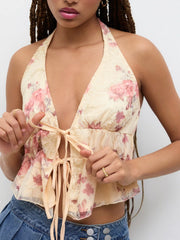 Halter Neckline Floral Knotted Tank Top