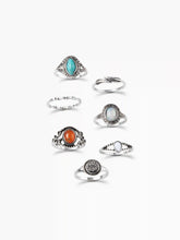 7PCS GEMSTONE & RHINESTONE & LEAF RING SET