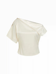Satin Asymmetrical Neckline Metal Detail Blouse