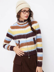 Knit Mohair-blend Stand Collar Striped Zip Through Cardigan