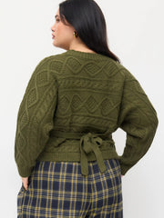 Cable Knit Round Neckline Knotted Tie Back Top Curve & Plus