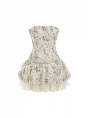 Lace Sculptural Floral Appliqué Strapless Babydoll Mini Dress