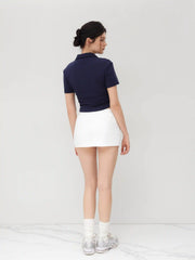 Cotton-blend Collar Solid Ruched Button Short Sleeve Top