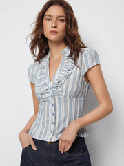 Linen-blend V-neck Striped Ruffled Blouse
