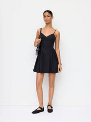 V-neck Ruched Mid Rise Shirred Flared Mini Dress