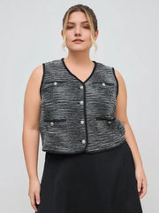 Tweed V-neck Solid Button Pocket Jacket Vest Curve & Plus
