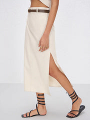 Linen-blend Mid Rise Solid Midi Skirt With Belt
