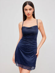 Mesh Cowl Neck Solid Sequin Mini Dress