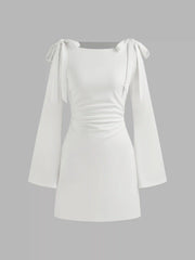 Boat Neckline Solid Ruched Bowknot Mini Dress