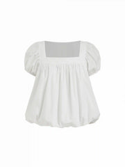 Cotton-blend Square Neck Puff Sleeve Ruched Bubble Hem Blouse
