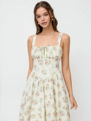 Floral Square Neck Bowknot Ruched Flared Maxi Tank Dress