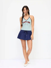 Cape Cod 25 Cotton-blend Graphic V-neck Backless Halter Top