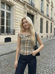 Plaid Asymmetrical Neck Ruched Short Sleeve Blouse