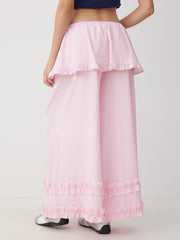 Gingham Mid Rise Ruffled Peplum Lettuce Trim Oversized Wide Leg Trousers