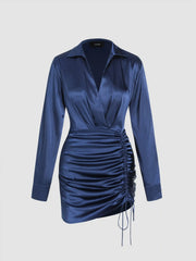 Solid Drawstring Satin Mini Shirt Dress