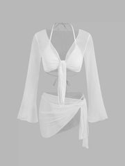 Halter Neckline Triangle Bikinis Bikini Set With Mesh Cover Up Set