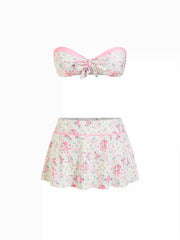 Floral Tile Strapless Bowknot Bandeau & Low Rise Skirt Bikini Set