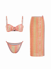 Sweetheart Aztec Ring Detail Bikini Set With Cover Up Skirt