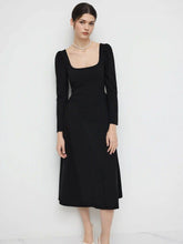 Square Neck Solid Ruffle Zipper Long Sleeve Midi Dress