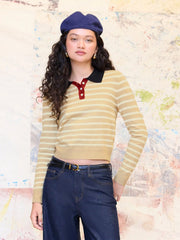 Knit Polo Collar Stripe Contrast Binding Long Sleeve Top