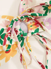 Floral Cut Out Ruched Tie Side Strapless Bracelet Bikini Set