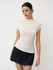 High Neck Texture Asymmetrical Hem Top