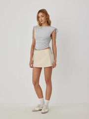 High Stretch Boat Neck Backless Ruched Tie-Shoulder Top