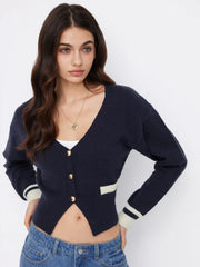 Knit V-neck Long Sleeve Contrasting Binding Metal Button Cardigan