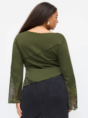 Cotton-blend Boat Neck Lace Patched Asymmetrical Hem Bell Sleeve Top Curve & Plus