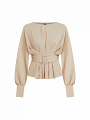 Round Neck Lantern Sleeve Pleated Peplum Blouse With Belt