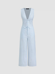 Cotton-blend V-neck Stripe Wide Leg Jumpsuit