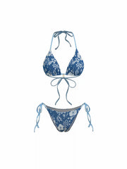 Halter Neckline Floral Stripe Tie Side Bikini Set with Shell