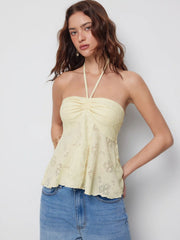 Halter Neck Shirred Lace Ruched Drawstring Crop Top