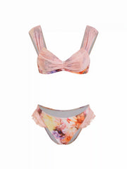 Mesh Sweetheart Floral Tie Dye Ruffle Underwire Bikini Set