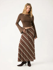 Boat Neck Solid Top & Mid Rise Striped Drawstring Maxi Skirt Set