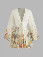 V-neck Floral Knotted Ruffle Mini Dress