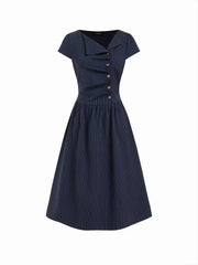 Asymmetrical Neck Tartan Ruched Tie Back Midi Flared Dress