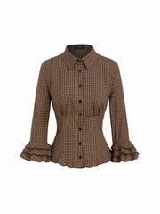 Cotton-blend Plaid Collar Lettuce Trim Layered Sleeve Shirt