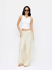 Linen-blend Striped Mid Rise Wide Leg Trousers With Wrap Waist Scarf