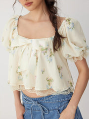 Chiffon Floral Bowknot Square Neck Puff Sleeve Oversized Crop Blouse