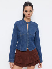 Denim Mandarin Collar Long Sleeve Striped Cut Out Blouse