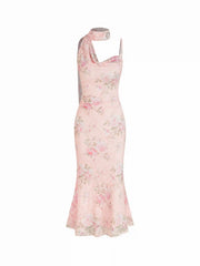 Lace Floral Cowl Neck Mermaid Maxi Dress With Scarf