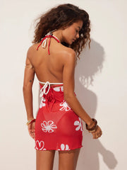 Floral Halter Neck See-Through Mesh Metal Detail Cover Up Dress