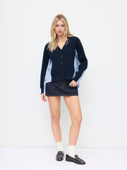 Two Tone Knit V-neck Striped Patched Oversized Cardigan