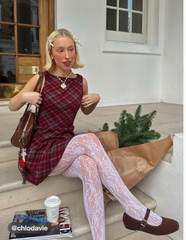 Wool-look Boat Neck Plaid Ruffle Hem Mini Dress